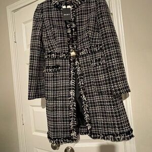 DKNY Black and White Tweed Fringe Jacket